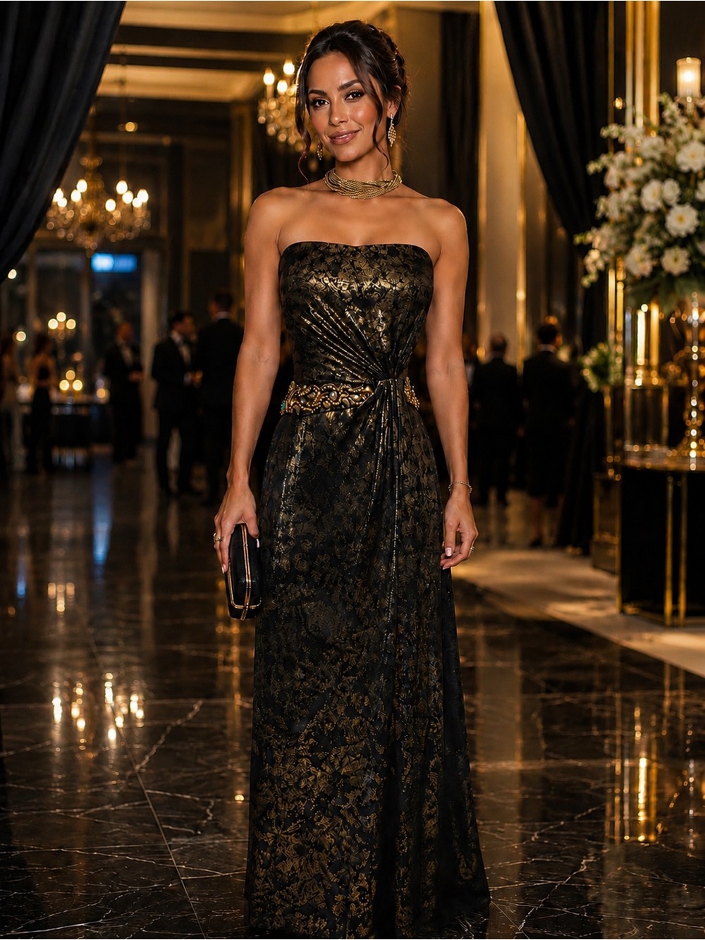 CACHET Women's Strapless Black & Gold Marble Metallic Evening Gown 16 - Picture 2 of 7